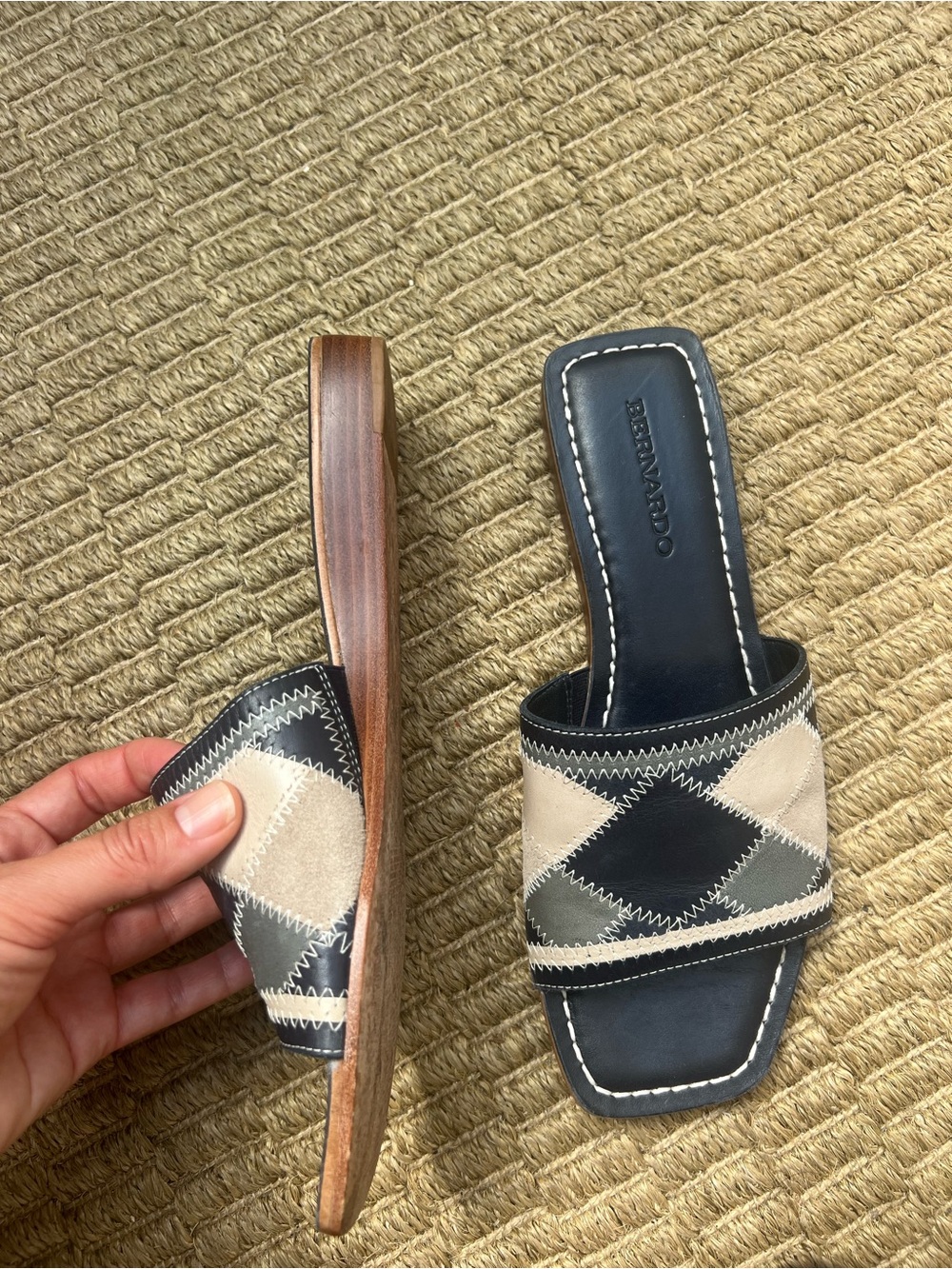 Bernardo Black and Beige Patchwork Leather Slide Mules